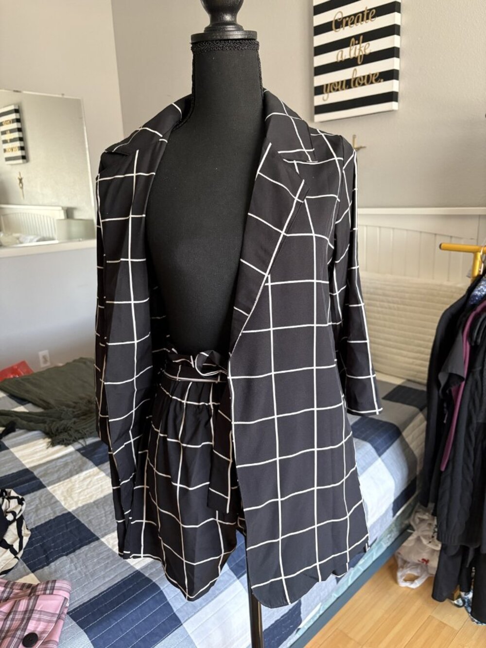SHEIN Grid Print Blazer & Shorts Set — Black & White, Size M